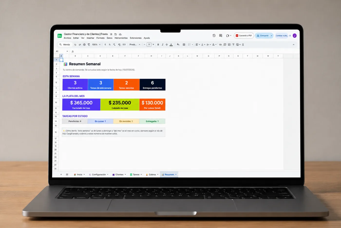 Gestor financiero de clientes y proyectos de Freelo, abierto en pantalla